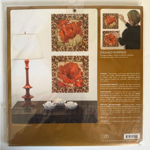 NWT ADD•HERES Framed Red Poppies Peel & Stick Wall Art – 2 Sheets in Pack - Picture 3 of 7